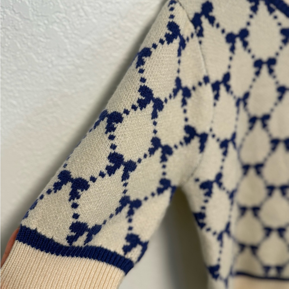 THML Blue Bow Lattice Short Sleeve Knit Sweater Cream Navy Preppy Cottagecore - Picture 3 of 9